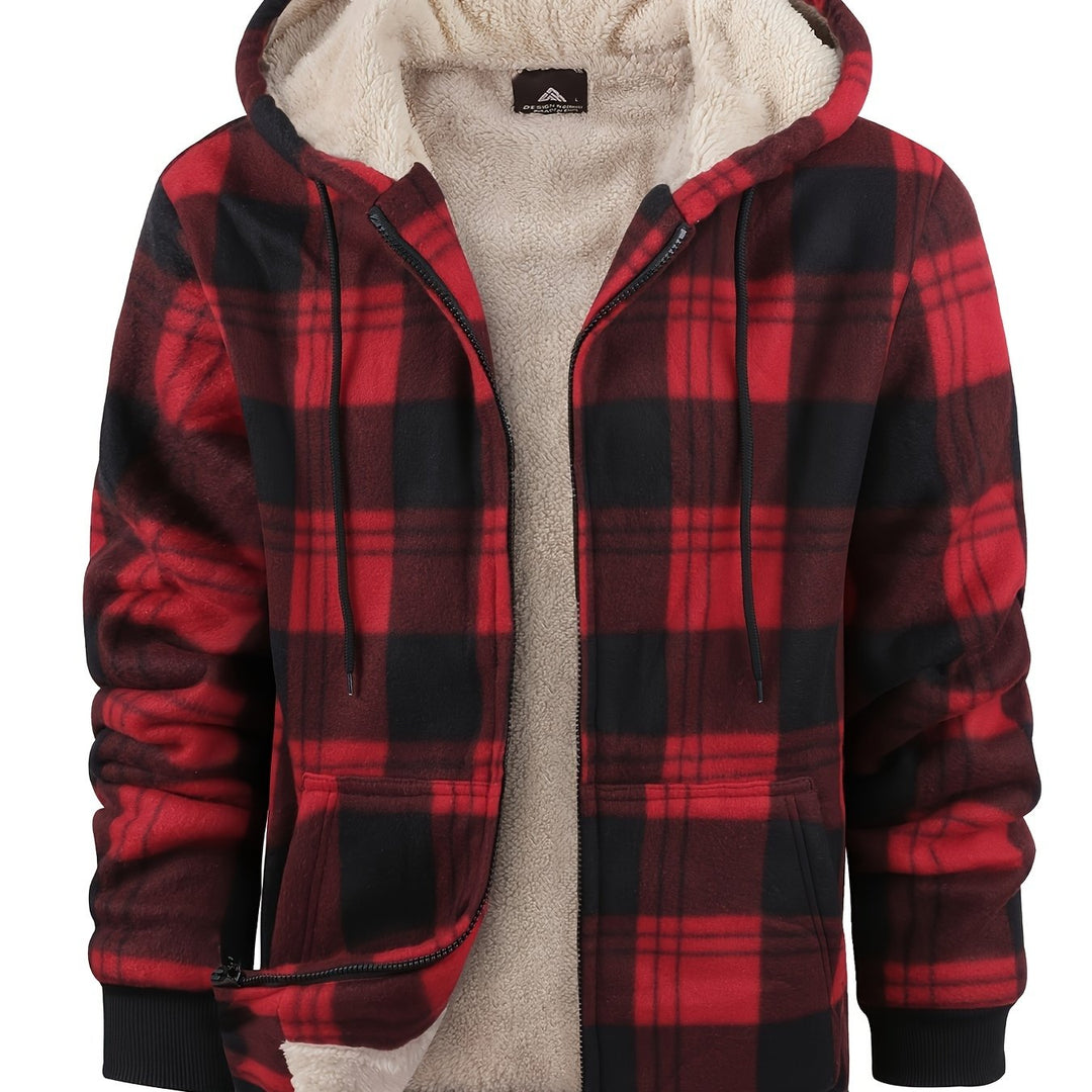 Men's Sherpa Lined Plaid Zip Hoodie – Red