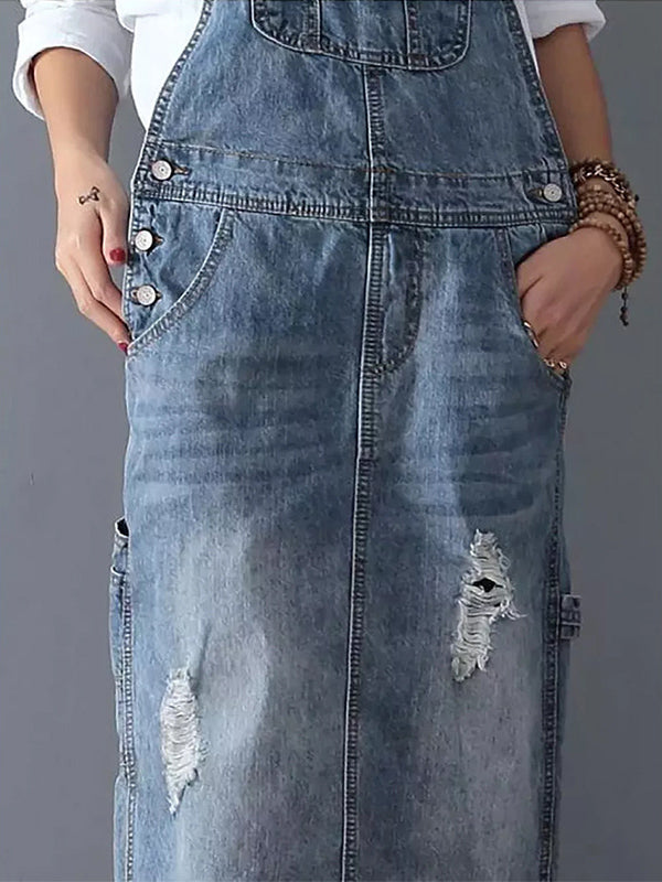 Distressed Denim Pinafore Dress with Back Slit