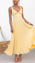 Aby |  Yellow Pleated V-Neck Maxi Dress