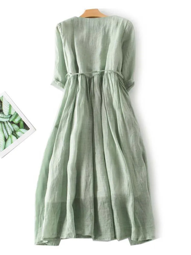 Arya - Women's Retro Style Dress with Round Neck and Waist Ties