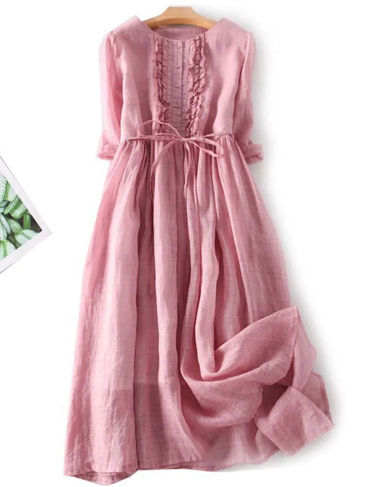 Arya - Women's Retro Style Dress with Round Neck and Waist Ties