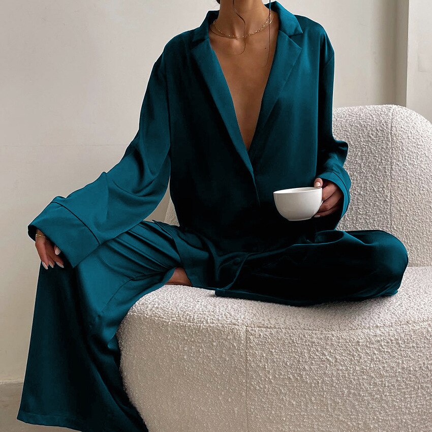 Adelina | Women's Pajama Set Satin Button Up 10