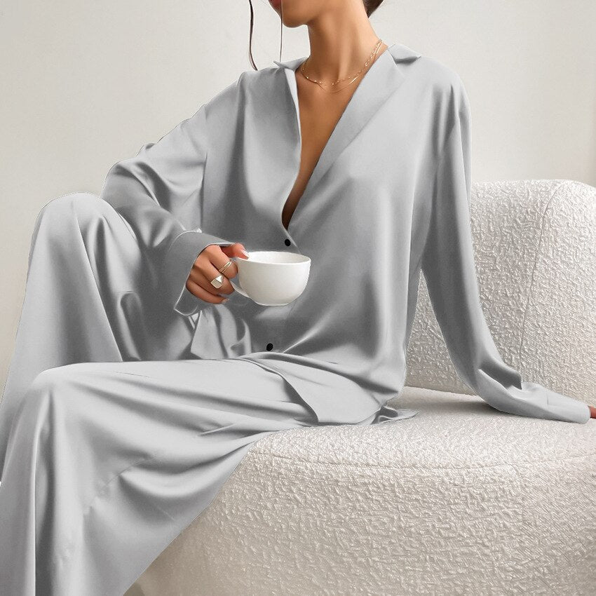 Adelina | Women's Pajama Set Satin Button Up 3