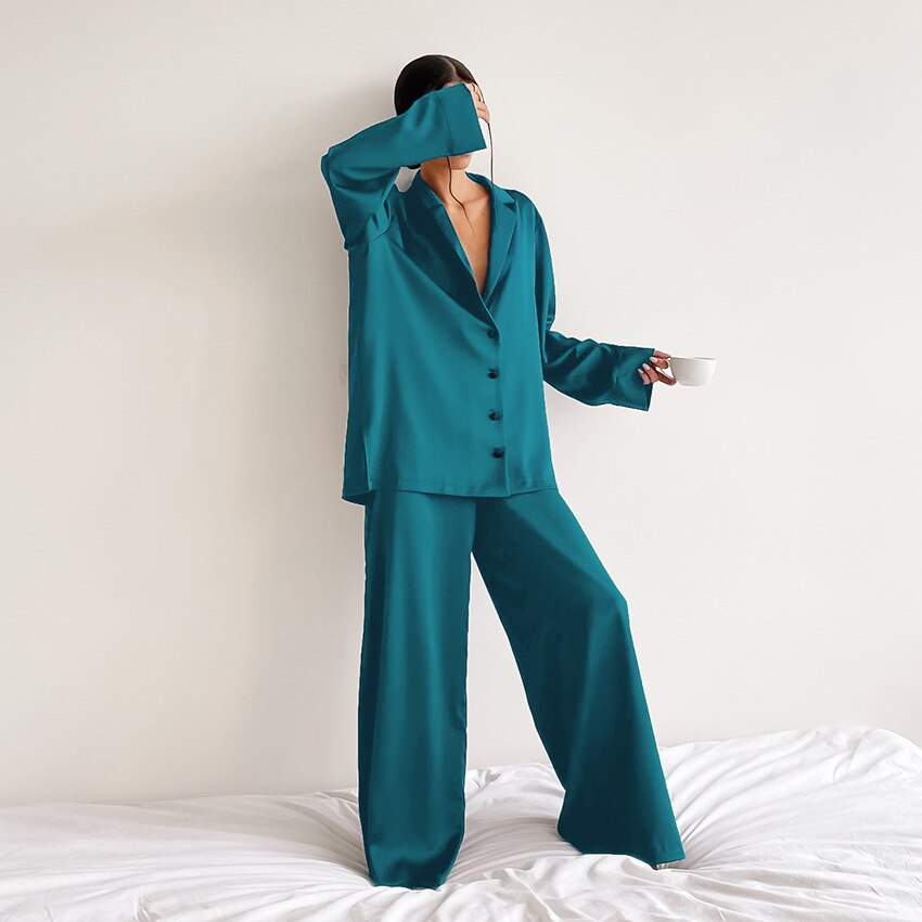 Adelina | Women's Pajama Set Satin Button Up 7