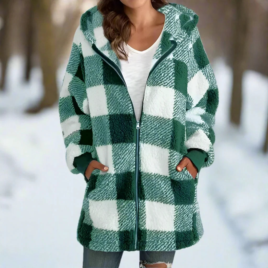 Agneta | Women's Plaid Fleece Coat Hooded Zip Up Sherpa 1