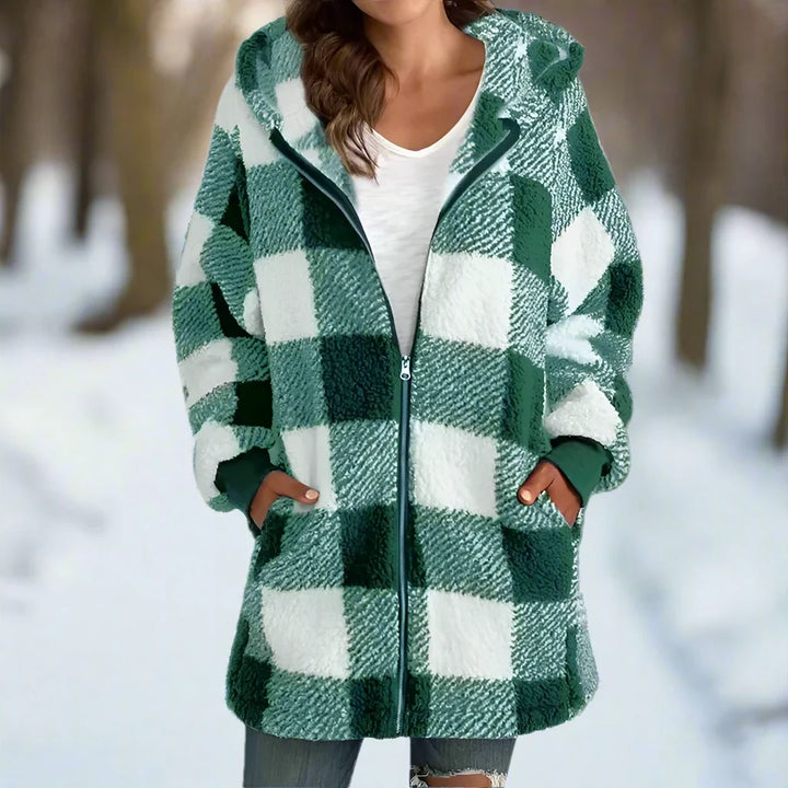 Agneta | Women's Plaid Fleece Coat Hooded Zip Up Sherpa 1