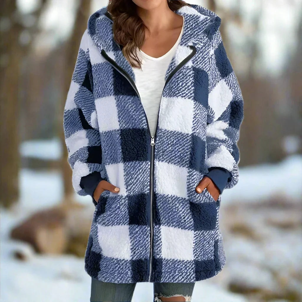 Agneta | Women's Plaid Fleece Coat Hooded Zip Up Sherpa 2