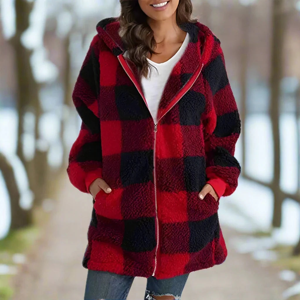 Agneta | Women's Plaid Fleece Coat Hooded Zip Up Sherpa 3