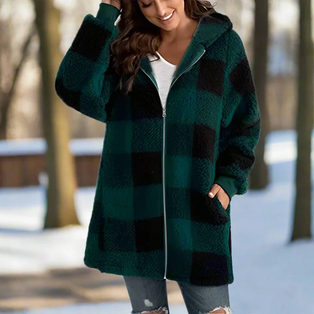Agneta | Women's Plaid Fleece Coat Hooded Zip Up Sherpa 5