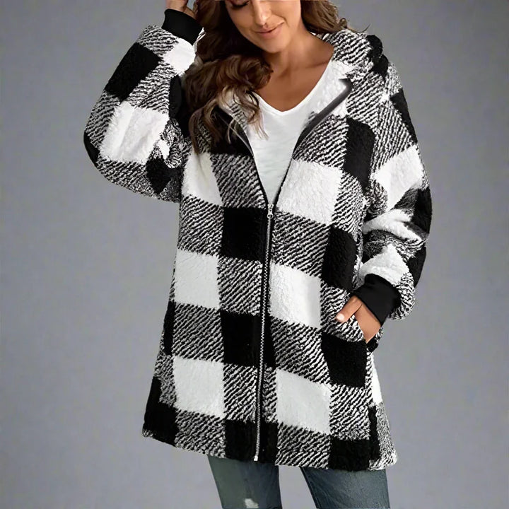 Agneta | Women's Plaid Fleece Coat Hooded Zip Up Sherpa 6