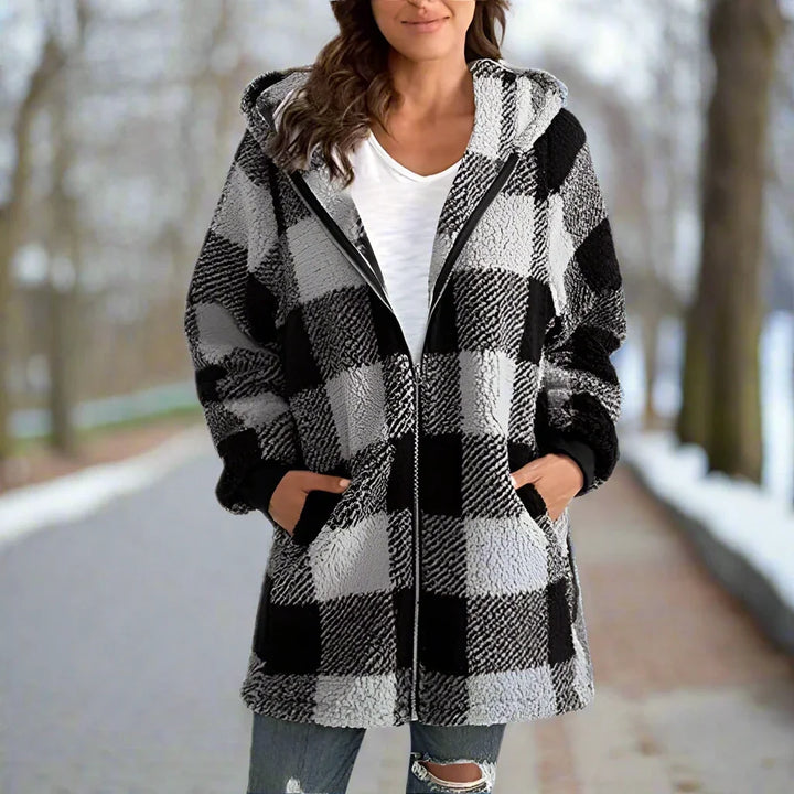 Agneta | Women's Plaid Fleece Coat Hooded Zip Up Sherpa 7