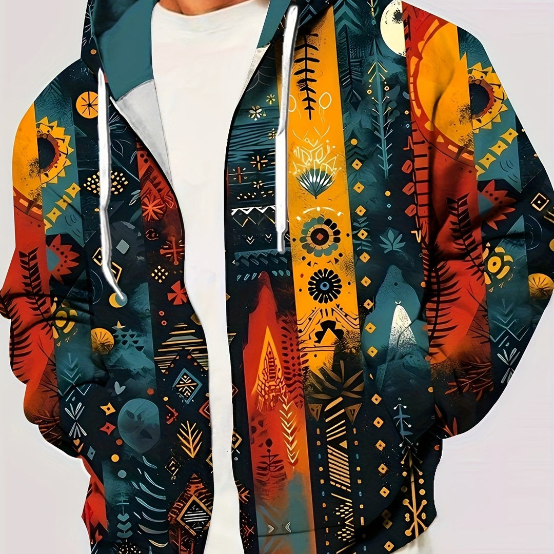 Men's Tribal Print Hooded Zip Jacket – Multicolor