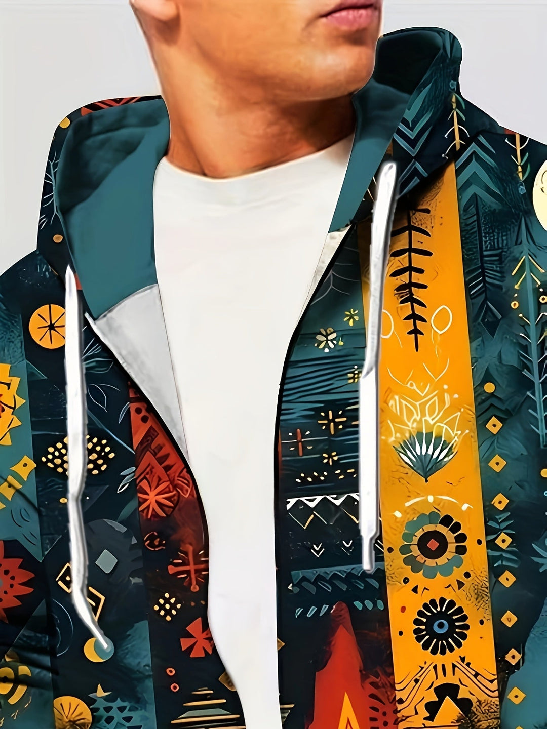 Men's Tribal Print Hooded Zip Jacket – Detail View