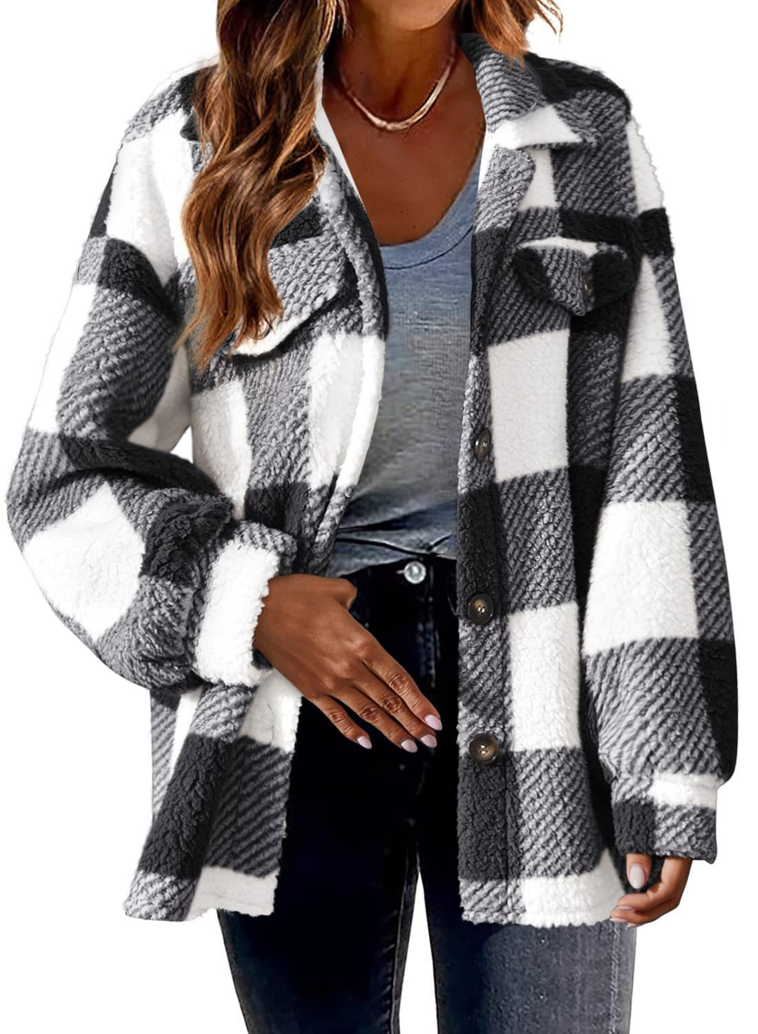 Bodil | Women's Plaid Shacket Flannel Teddy Jacket Sherpa 3
