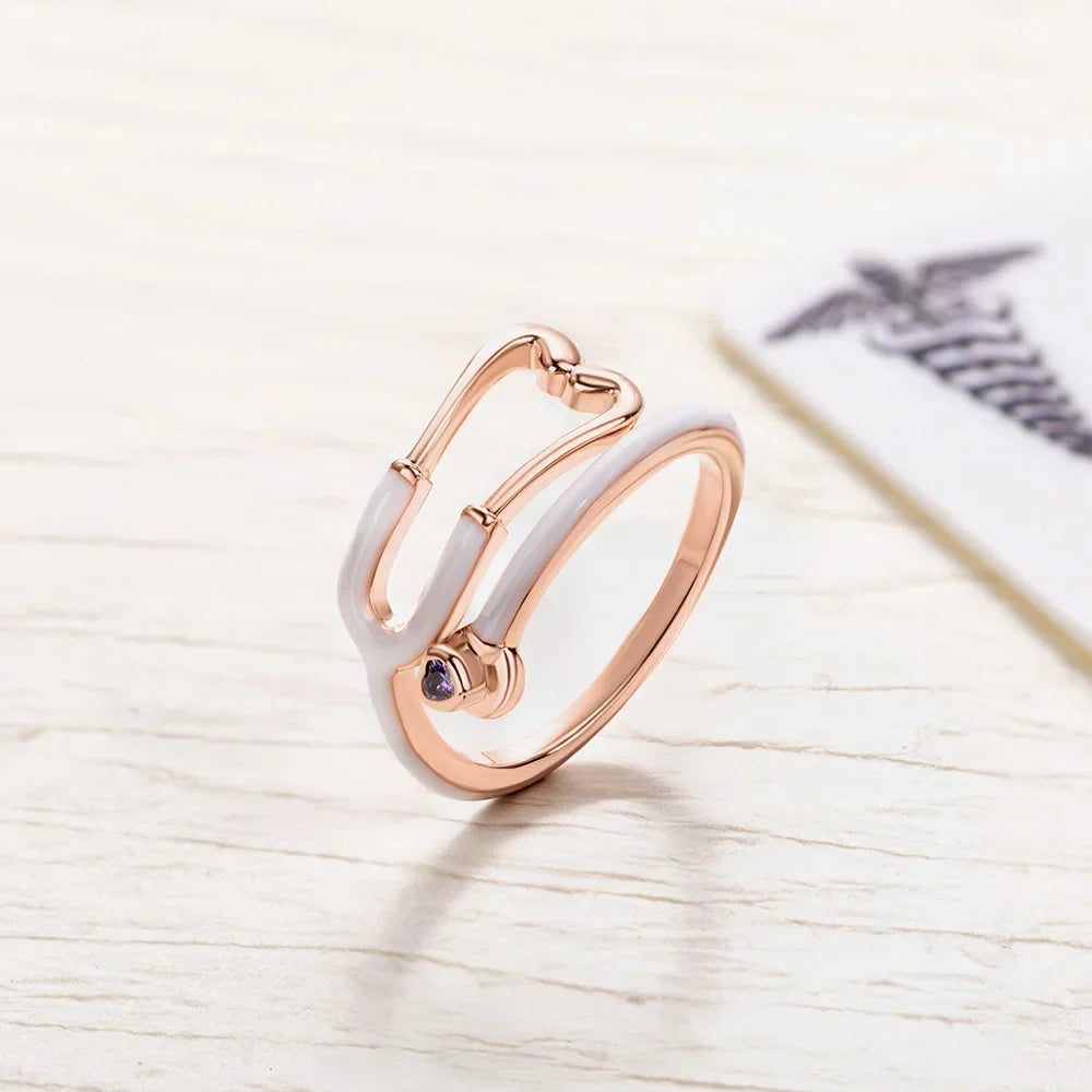 Stethoscope Ring with Heart Birthstone