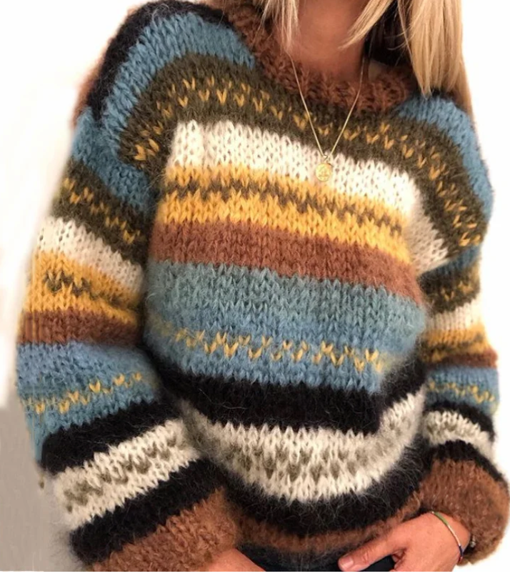 Cecilie | Women's Striped Sweater Knit Pullover Crew Neck 1