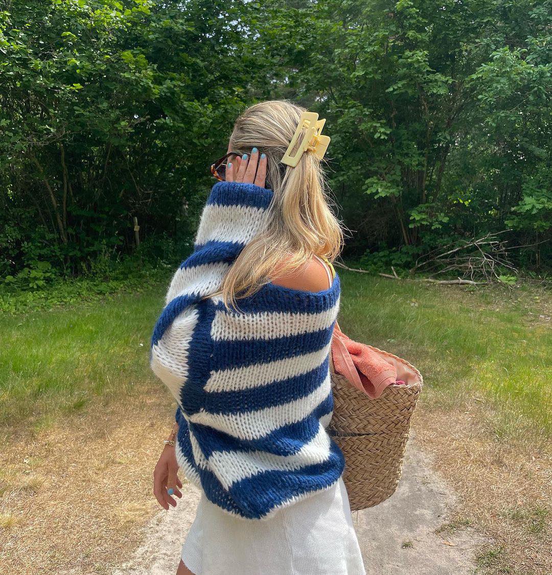 Cecily | Women's Striped Chunky Knit Sweater Crew Neck 6