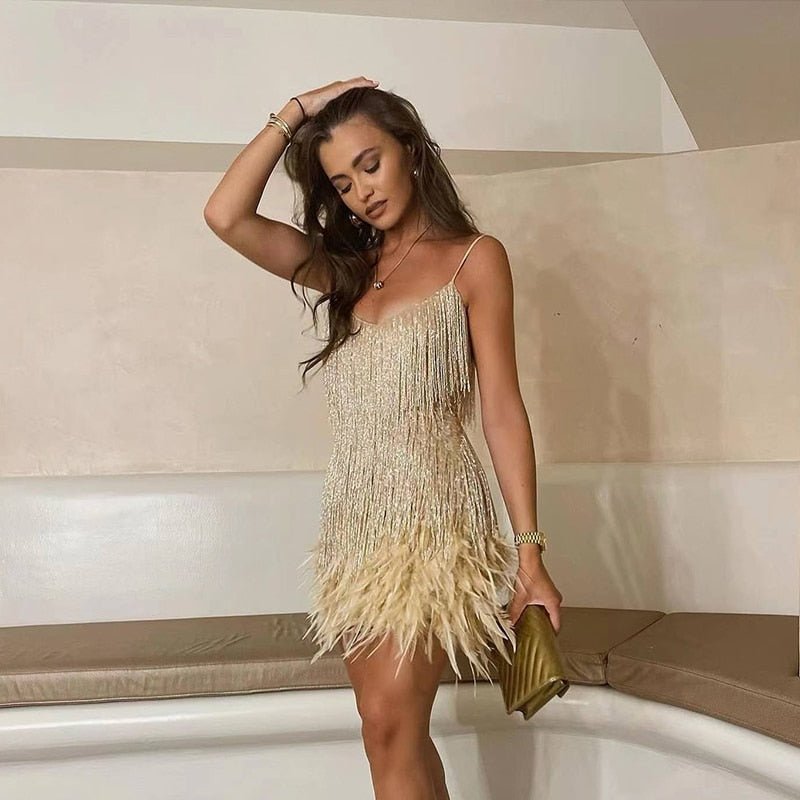 Celeste - Feather-Hem Sequin Mini Dress 3