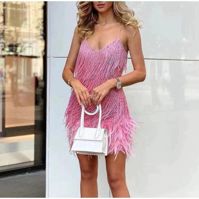 Celeste - Feather-Hem Sequin Mini Dress 4