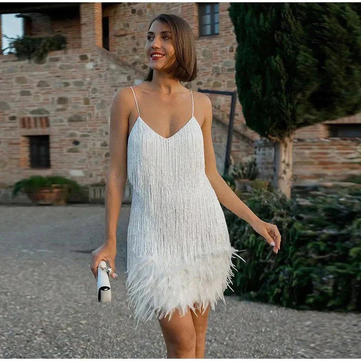 Celeste - Feather-Hem Sequin Mini Dress 5