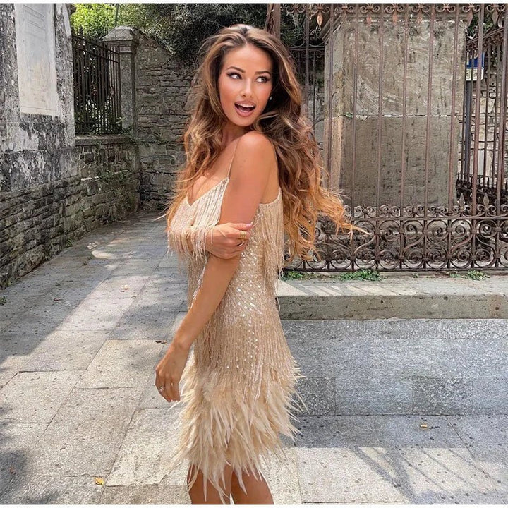 Celeste - Feather-Hem Sequin Mini Dress 7