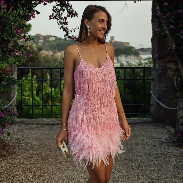 Celeste - Feather-Hem Sequin Mini Dress 8