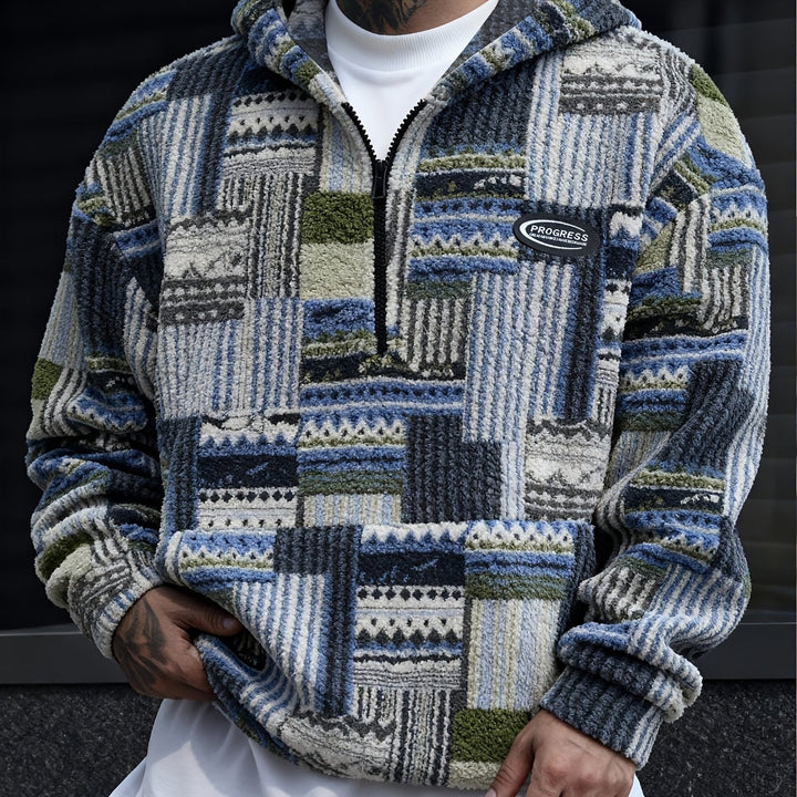 Men's Patchwork Quarter Zip Hoodie – Blue