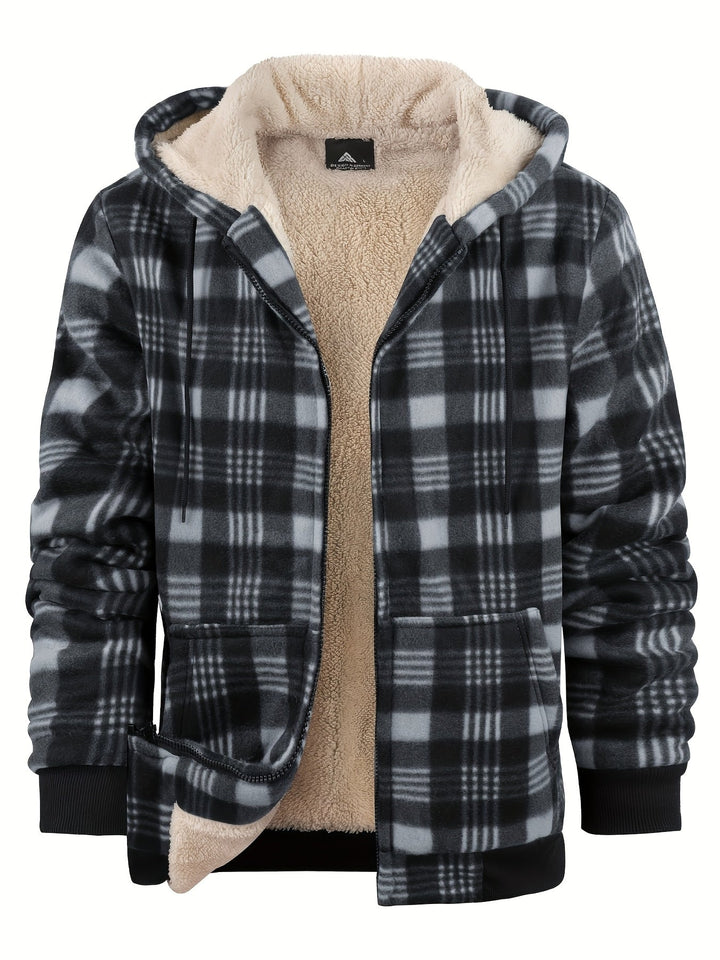Men's Sherpa Lined Plaid Zip Hoodie – Black