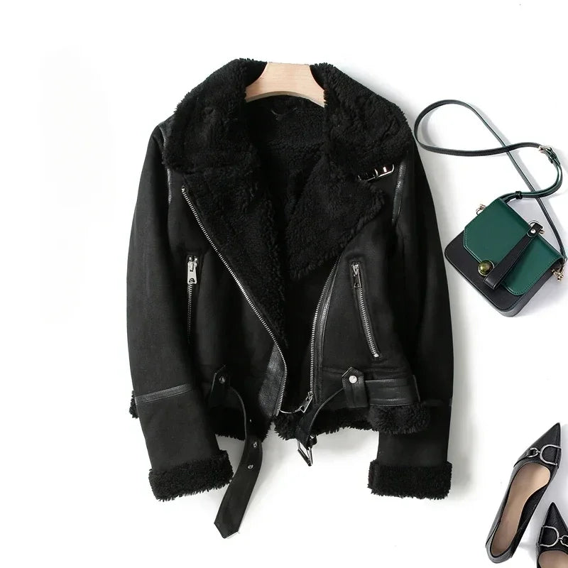 Dagny | Women's Suede Shearling Jacket Moto Aviator Faux 2