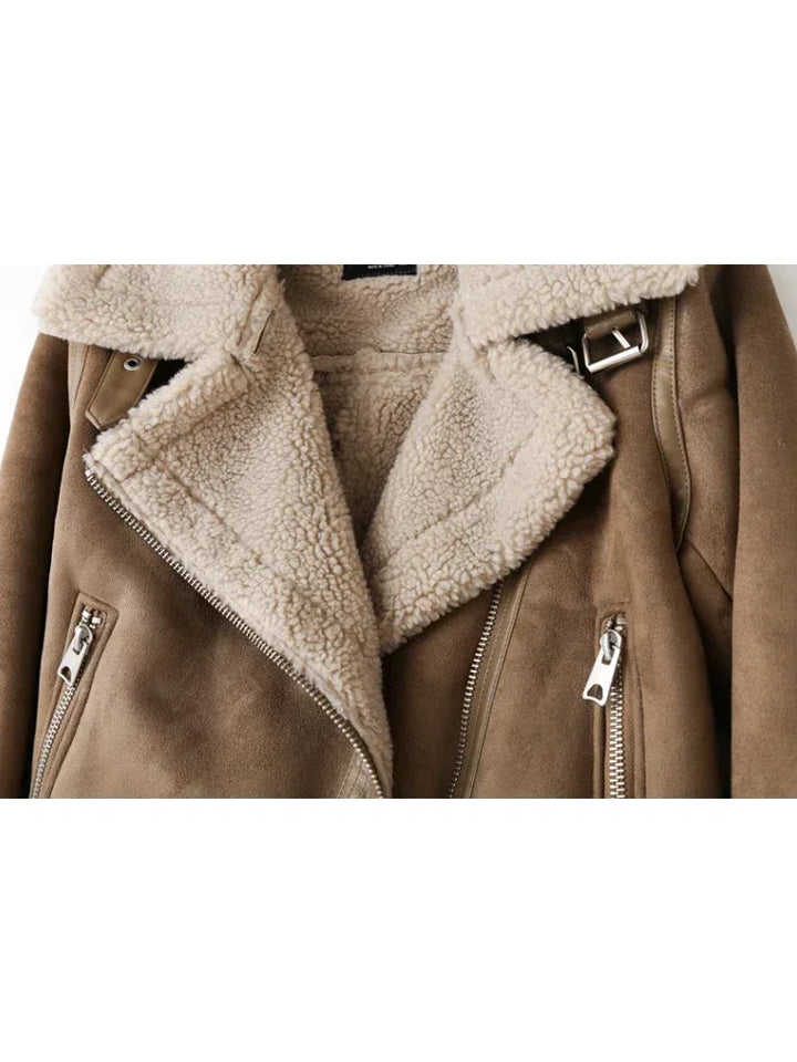 Dagny | Women's Suede Shearling Jacket Moto Aviator Faux 4