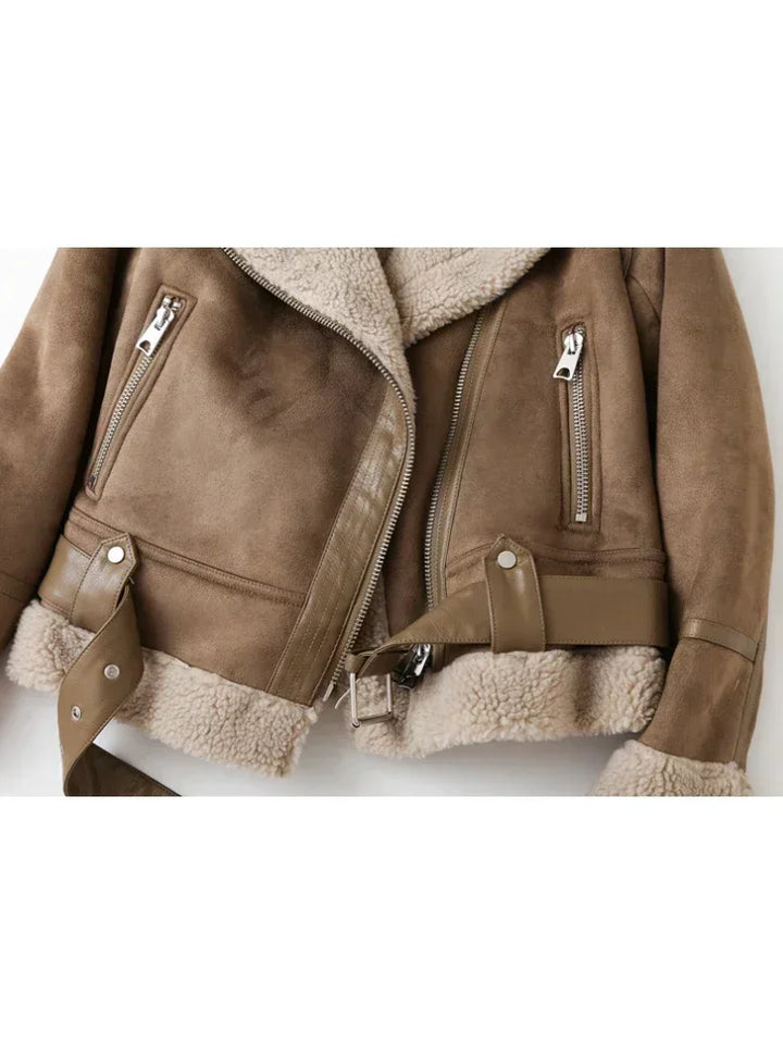 Dagny | Women's Suede Shearling Jacket Moto Aviator Faux 5