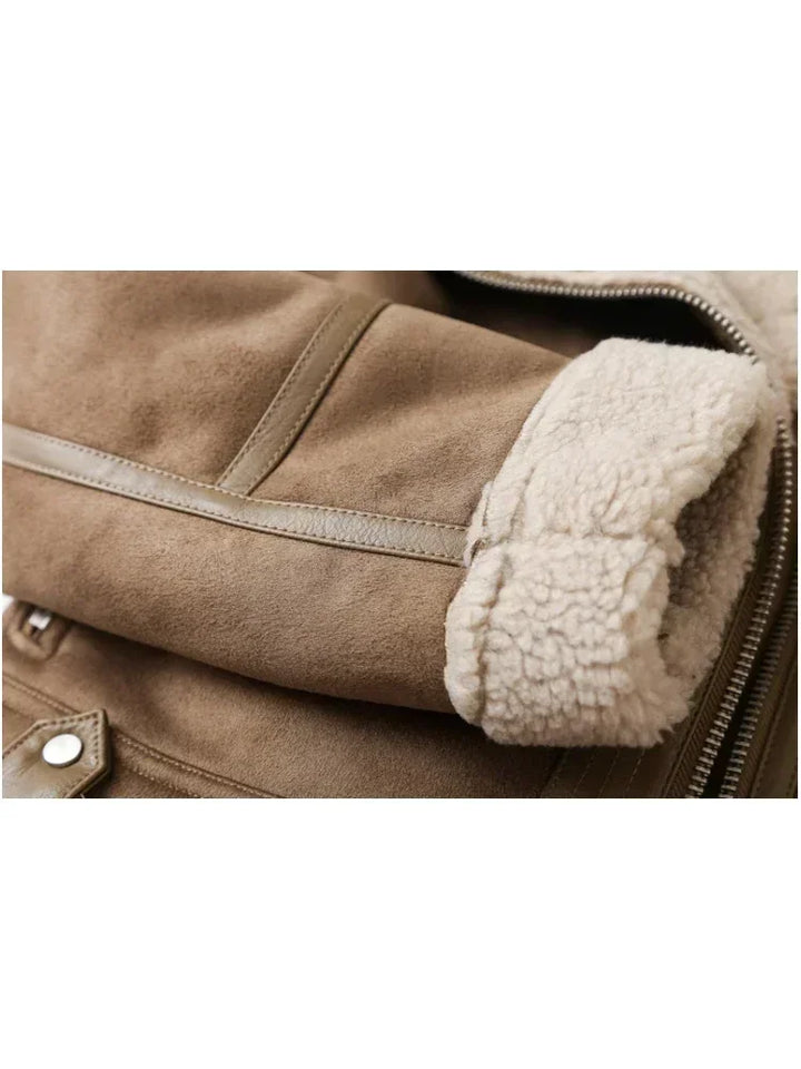 Dagny | Women's Suede Shearling Jacket Moto Aviator Faux 7