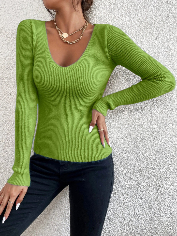Dieneke | Women's V Neck Sweater Fitted Knit Pullover Ribbed 1