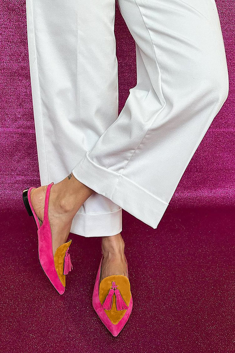 Frendessa | Colorful ballet flats with fringe and a decorative ankle strap