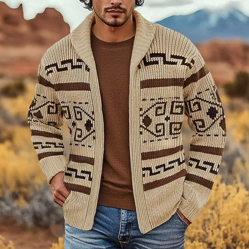 Men's Aztec Shawl Collar Zip Cardigan – Beige