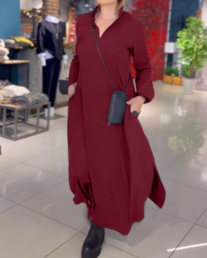 ELEANOR - ELEGANT LAPEL SIDE SLIT MAXI FALL DRESS 2