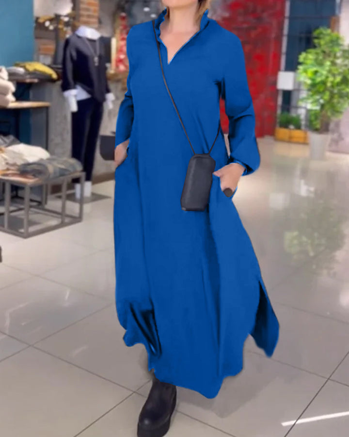 ELEANOR - ELEGANT LAPEL SIDE SLIT MAXI FALL DRESS 3