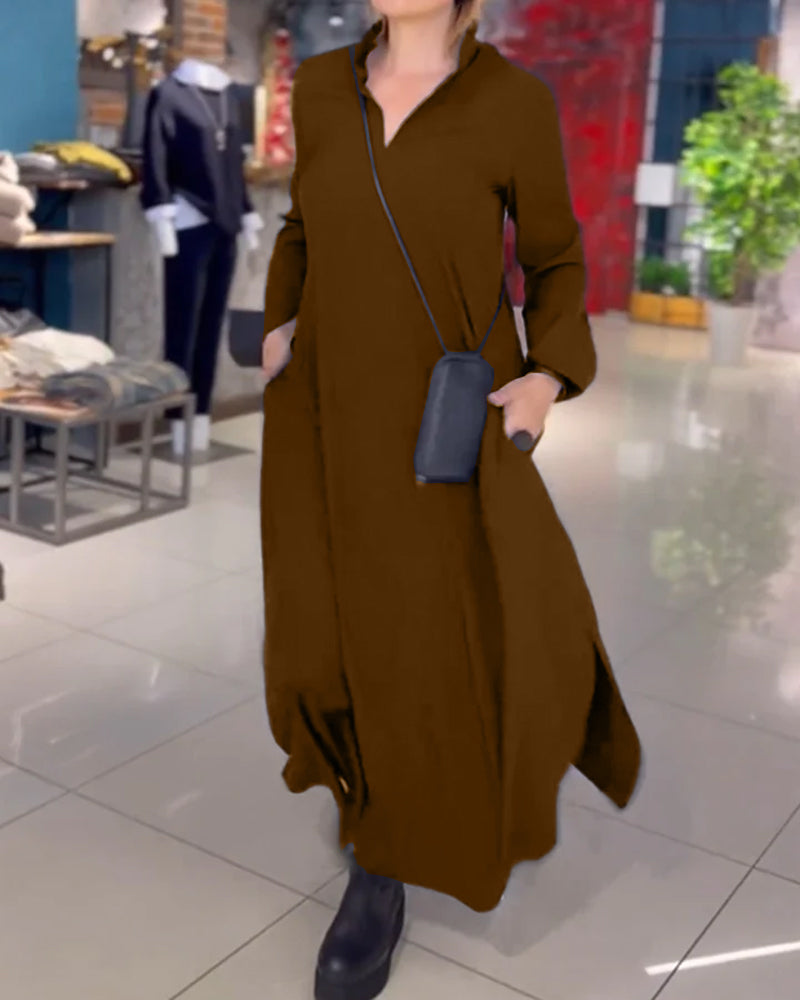 ELEANOR - ELEGANT LAPEL SIDE SLIT MAXI FALL DRESS 4