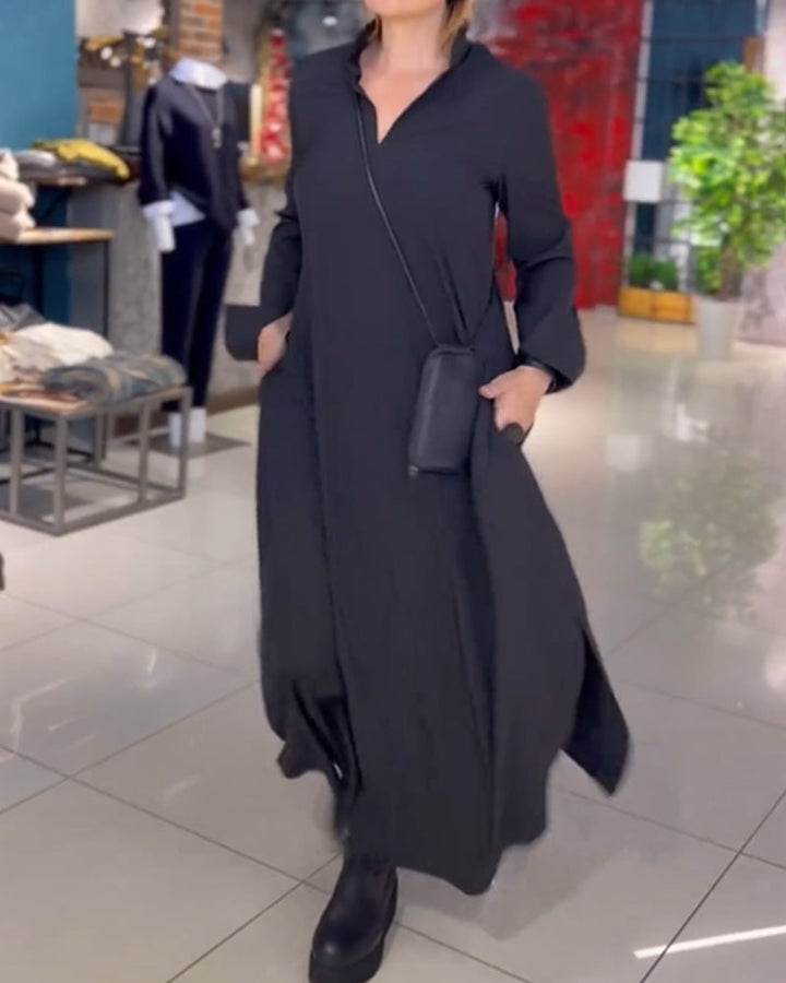 ELEANOR - ELEGANT LAPEL SIDE SLIT MAXI FALL DRESS 6