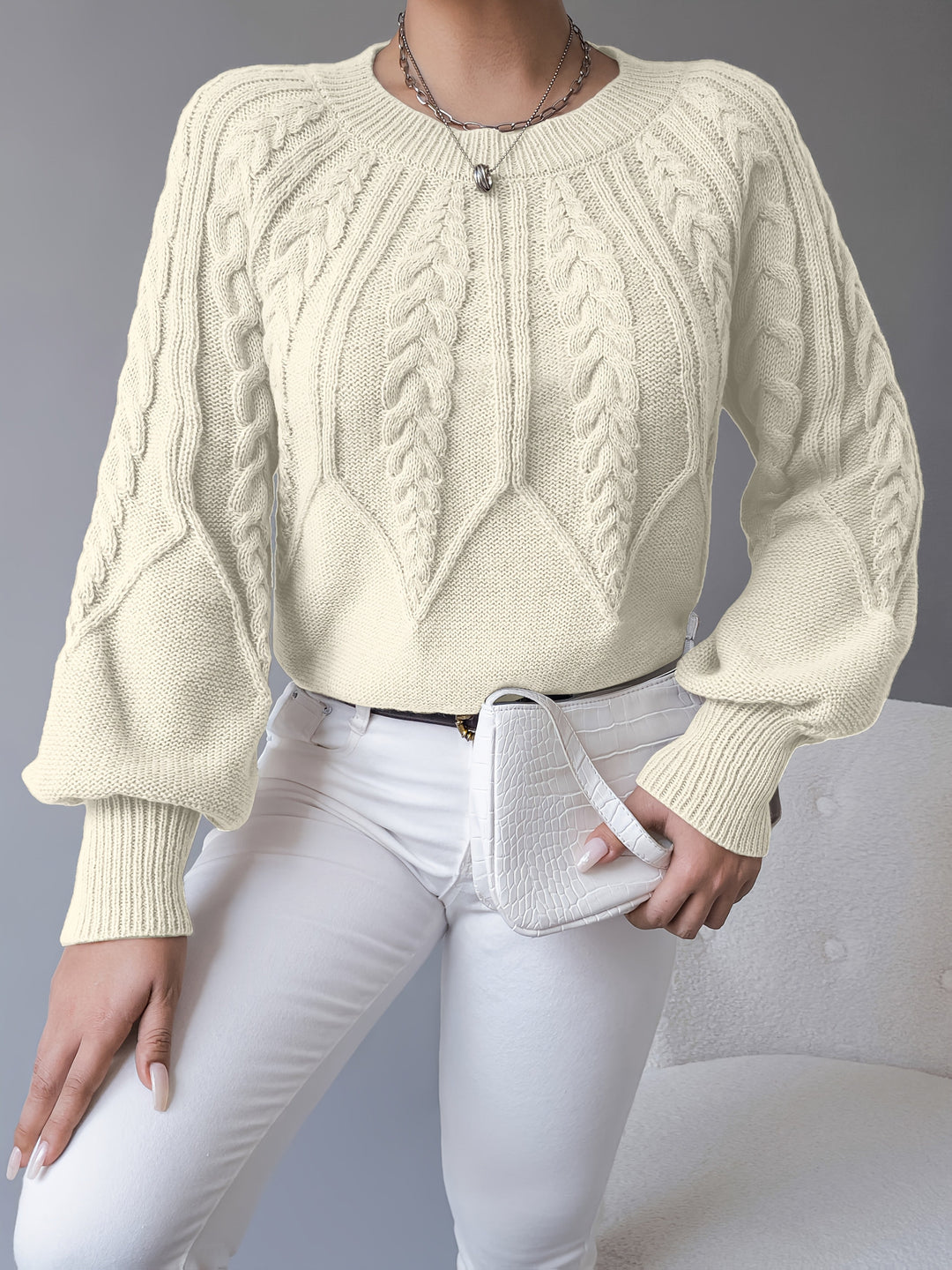 Elsie - Cable Knit Balloon Sleeve Sweater 12