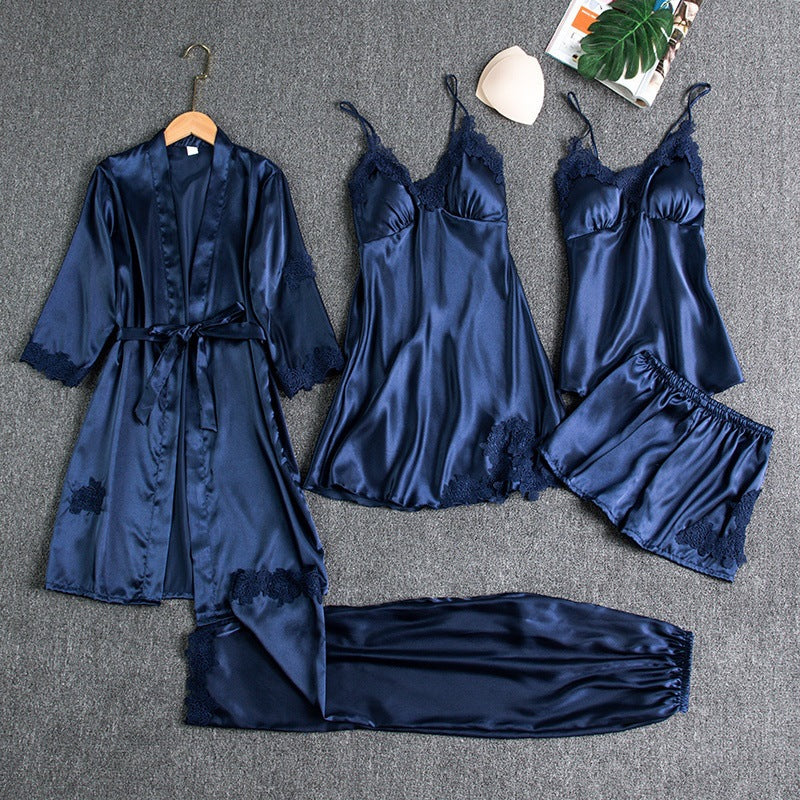 Eulalie | Women's Satin Pajama Set Lace Robe 2