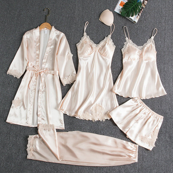 Eulalie | Women's Satin Pajama Set Lace Robe 4