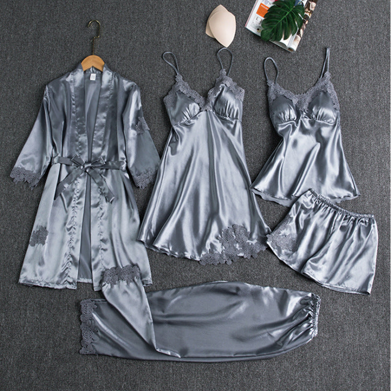 Eulalie | Women's Satin Pajama Set Lace Robe 5