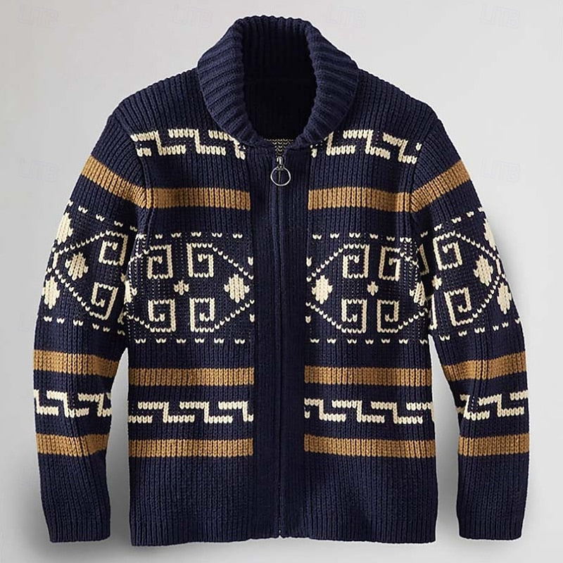 Men's Aztec Shawl Collar Zip Cardigan – Detail View