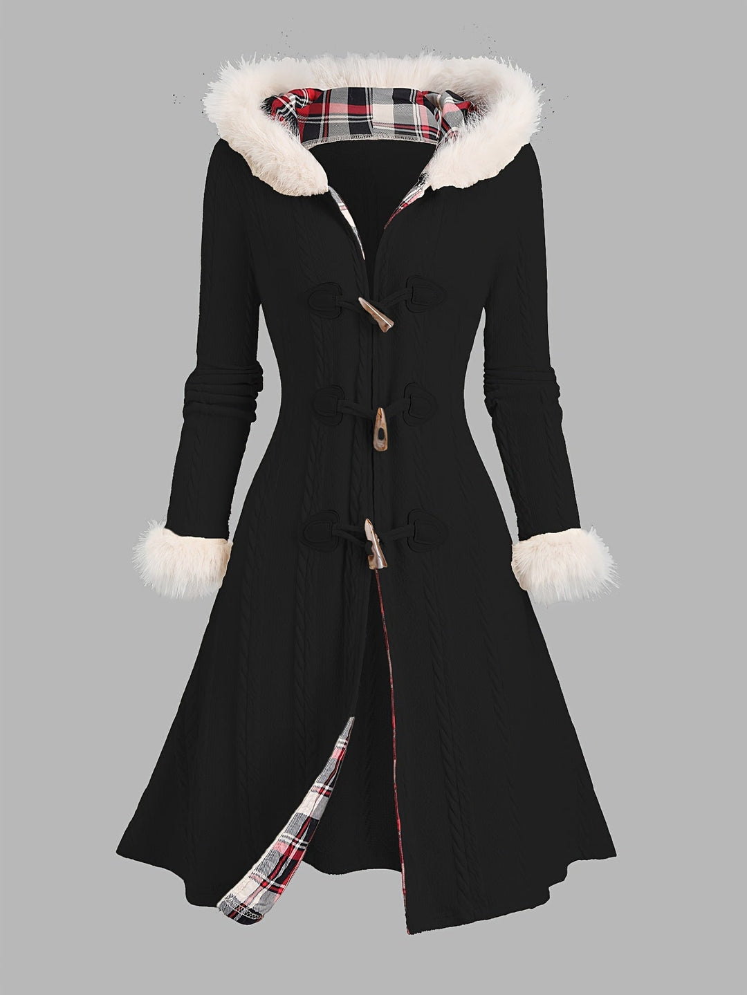 Geertruida | Women's Fur Trim Hooded Toggle Swing Coat 4