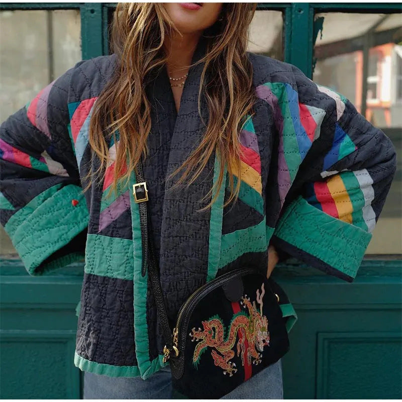 Gerda | Women's Puffer Jacket Open Front Striped Kimono 2