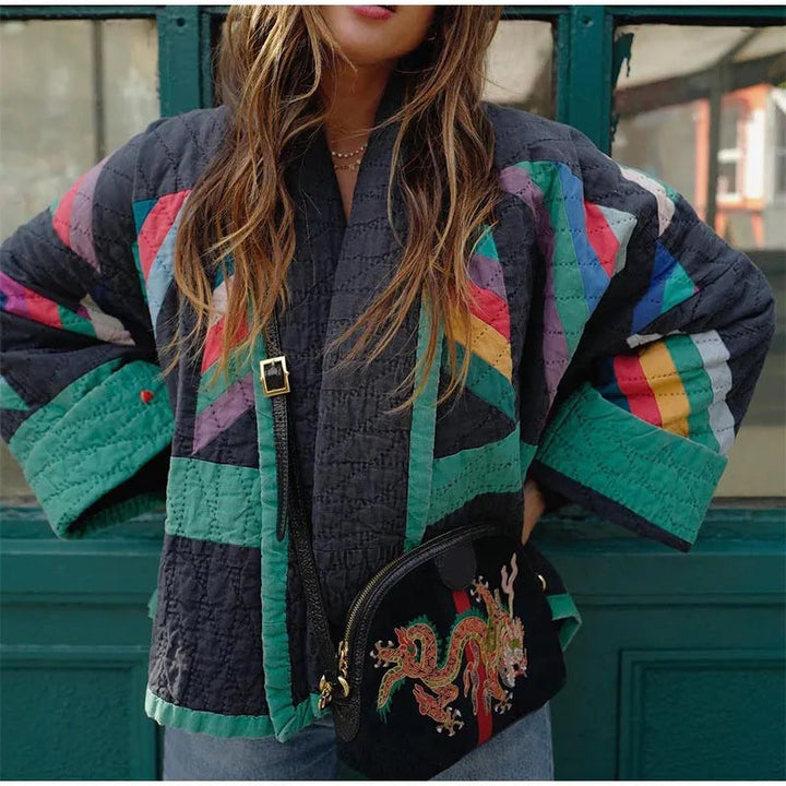 Gerda | Women's Puffer Jacket Open Front Striped Kimono 2