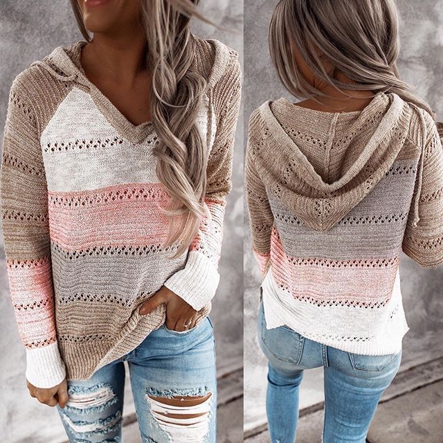 Gonda | Women's Hooded Sweater Knit Pullover Striped Oversized 6