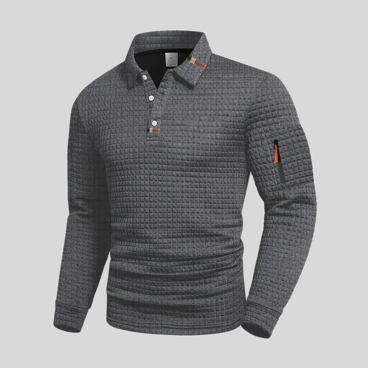 Men's Long Sleeve Waffle Polo Shirt – Gray
