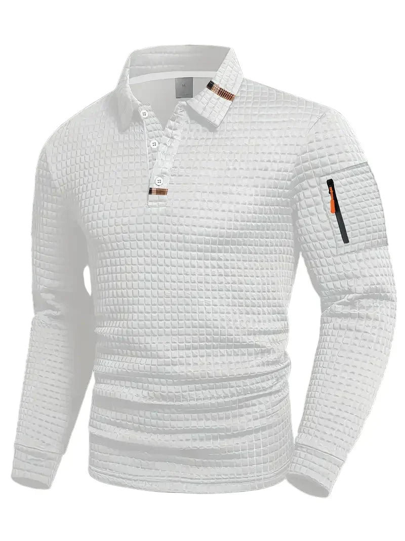 Men's Long Sleeve Waffle Polo Shirt – White